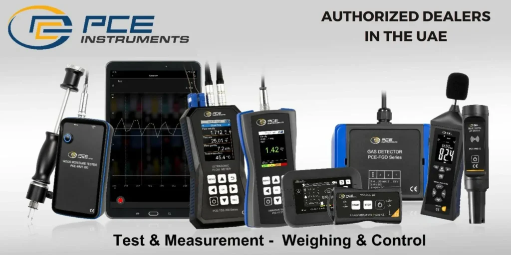 A collection of various electronic measuring and testing instruments from PCE Instruments is displayed against a light background. Text reads "AUTHORIZED DEALERS IN THE UAE" and "Test & Measurement - Weighing & Control." The devices include meters, sensors, and controllers.