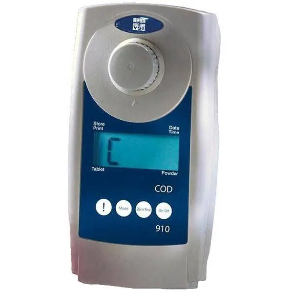 A handheld water quality testing device with a circular dial at the top, a small screen displaying the letter "C," and three buttons labeled "Mode," "Zero/Test," and "On/Off." The device model is COD 910, and the brand logo appears at the top.